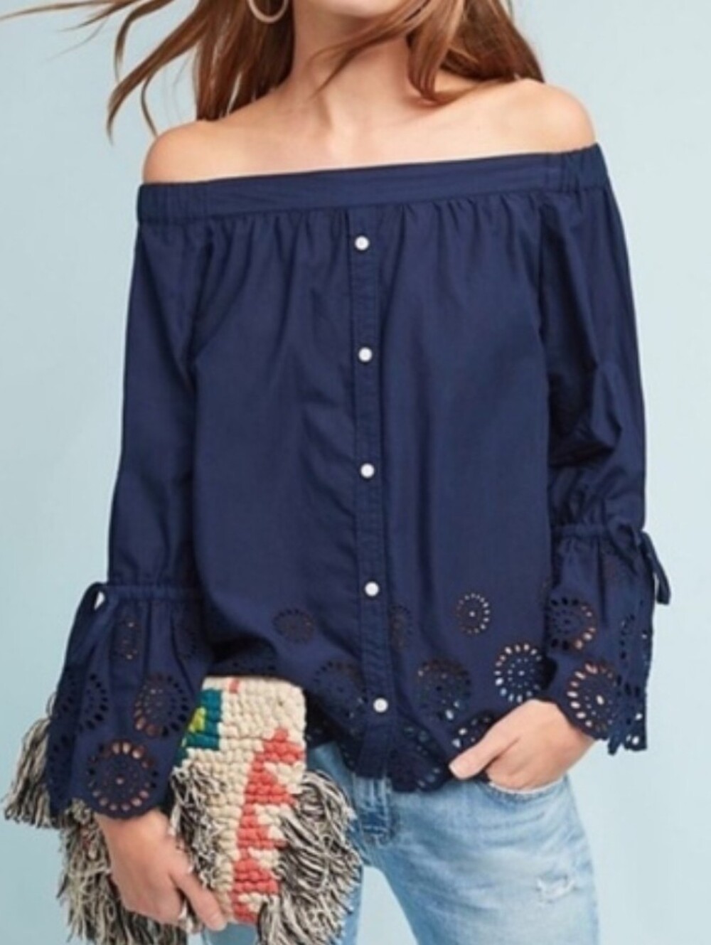 Isabella Sinclair Navy Eyelet Off The Shoulder Blouse, Size S
